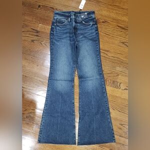 NWT Express Mid Rise Dark Wash Raw Hem Yoke Dream 70s Flare